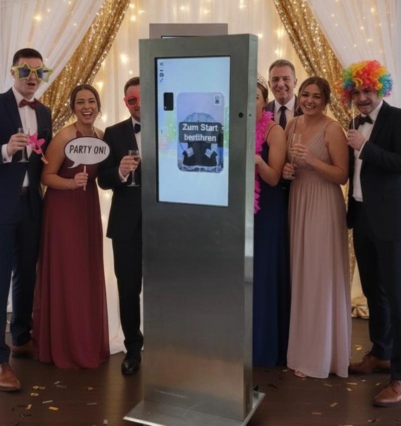 Fotobox im Edelstahlgehäuse mit Touchscreen, daneben lachende Gäste mit Partybrillen und Schildern